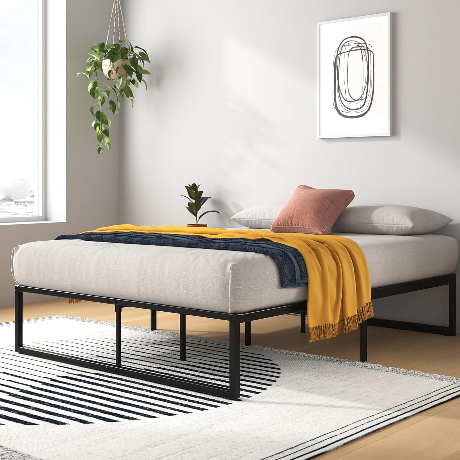 Cadre de lit métal Zinus Lorelai 140×190 cm, plateforme 36 cm avec 31 cm de rangement sous le lit, structure acier noir, lattes anti-grincement, style minimaliste. Cadre de lit métal Zinus Lorelai 140×190 cm, plateforme 36 cm avec 31 cm de rangement sous le lit, structure acier noir, lattes anti-grincement, style minimaliste.