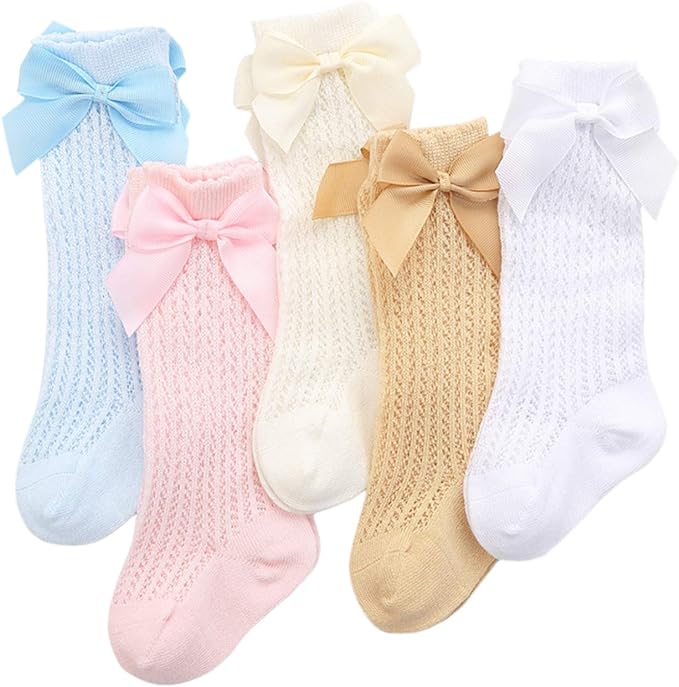 XPXGMT Lot de 5 Coton Arc Chaussettes Hautes Genou B&eacute;b&eacute; Fille Chaussettes Nouveau-n&eacute; en Maille 0-3 ans