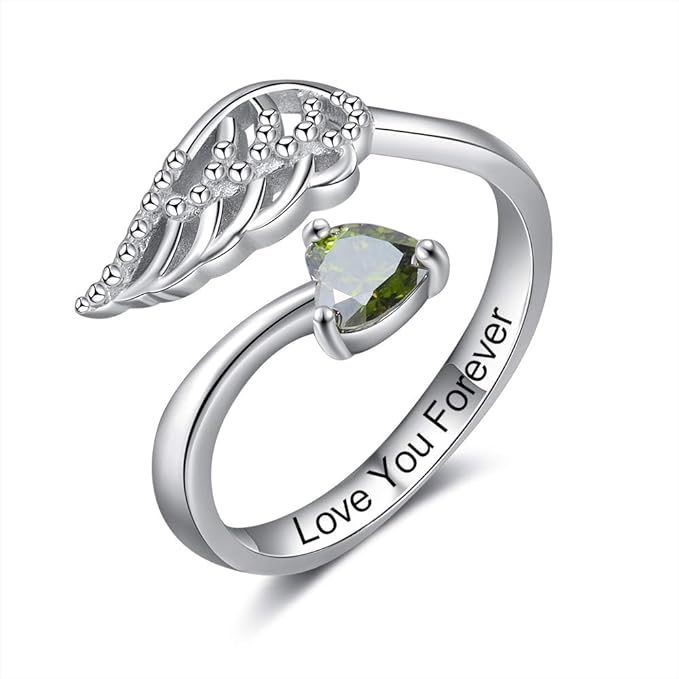 Albertband Bague Personnalisée Dames Torsion Bague en Argent Gravure Dames avec 1 Pierre de Naissance Simulée Bague Dames avec Ailes pour Mère Fille Cadeau pour Bagues D'amitié