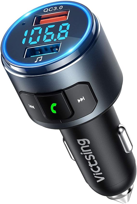 VicTsing Transmetteur FM Bluetooth, Adaptateur Radio QC3.0 Dual USB Ports Chargeur Voiture, Kit Voiture Émetteur FM Sans Fil, Appel Main Libre, Mini&Métal, Siri Activé, Support Clé USB/Bluetooth V5.0