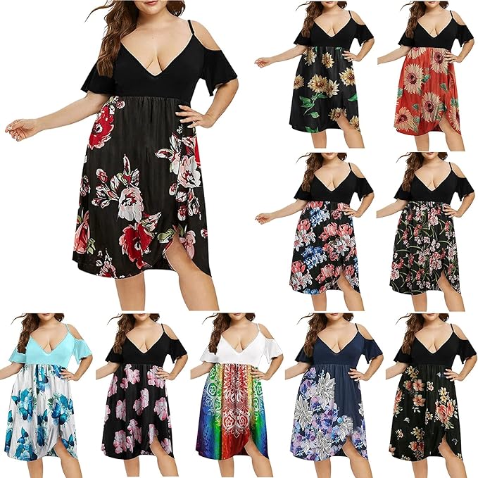 JJPAR Femme Grande Taille Robe Été Casual Mode Chic Imprimé de Fleurs Mesdames Sexy sans Manches Irrégulier Col V Robe de Plage Decontractée Soirée Jupe Fluide(A-Noir,XXL)