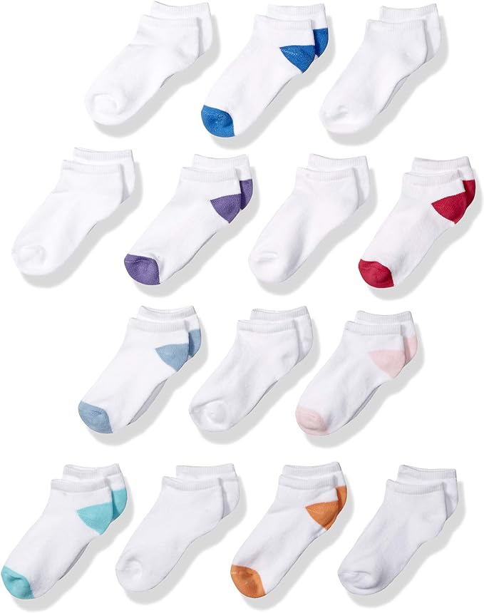Amazon Essentials 14-pack Cotton Low Cut Sock, Chaussette décontracté Mixte enfant, White/White With Color Heel, Toe, 17-18.5 EU (Taille fabricant: 5-8 UK)