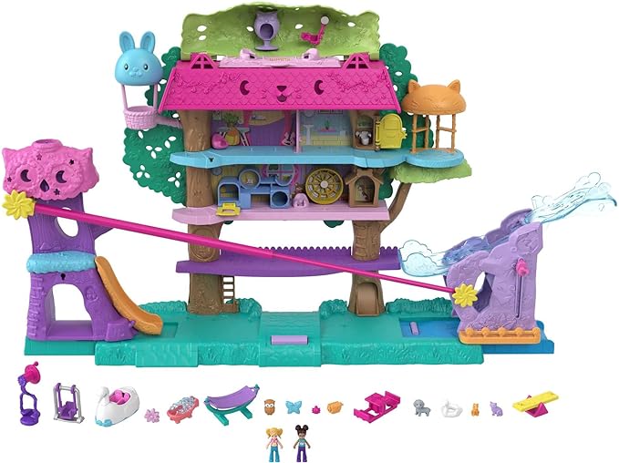 Polly Pocket Coffret La maison dans les arbres Pollyville, Mini Figurines Polly et Shani, 5 étages, Animaux, Accessoires, Jouet Enfant, Dès 4 ans, HJJ98