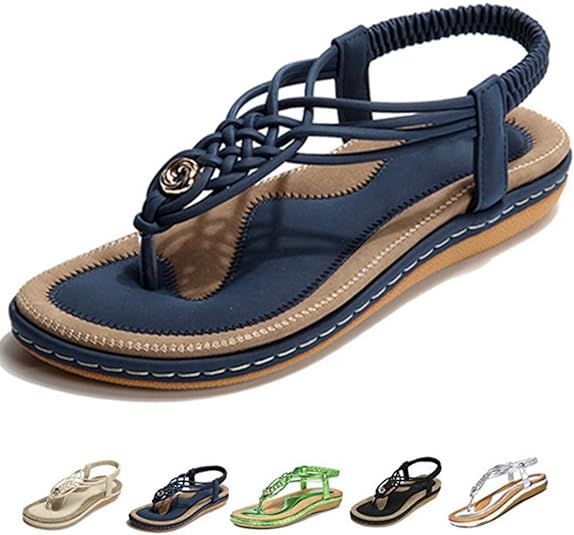 gracosy Sandales Plates Femmes, Chaussures Été Confortable à Talons Plats Nu Pieds Mode Tongs Plages Claquettes Semelle Matelassée Bout Ouvert Tressée Noir Bleu Marine