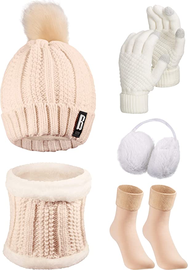 5 Pièces Ensemble de Ski d'Hiver de Femmes, Bonnet Écharpe Gants en Tricot Cache-Oreilles Chaussettes (Beige, Kaki)
