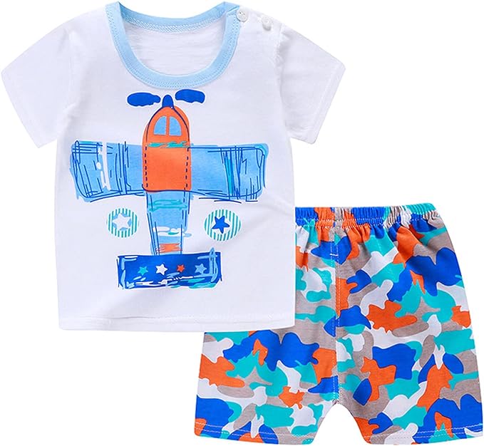 Ensemble Enfant Eté 2 Pièces Unisexe Manches Courtes Cartoon Imprimé T-Shirt & Taille Élastiquée Short Court Ensemble de Plage d 'Été Âge (6 Mois à 5 Ans)