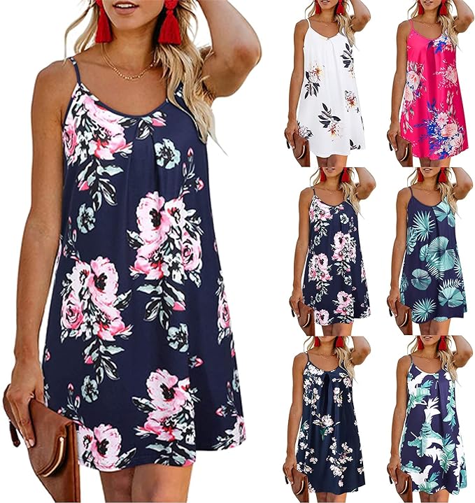 JERFER Robe Ete Femme Mini robe Décontractée Col en V Licou Jacquards Bouton Robe mi-longue
