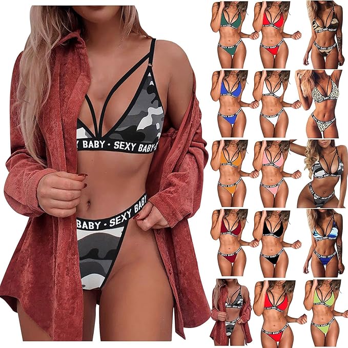 JJPAR Femme 2 Pieces Coupe d'europe Maillot de Bain Dos Nu Sexy Taille Basse Col V Couleur Unie Bikini Triangle à Nouer Pas Cher