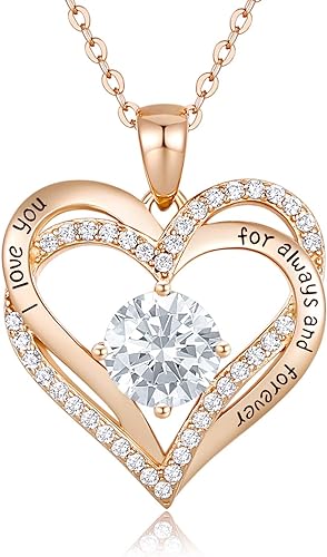 CDE Collier Pour Femmes Amour pour Toujours Cœur Collier en Argent Sterling 925 Plaqué Or Rose Pierre de Naissance Pendentif Bijoux pour Femmes Cadeau de la Saint-Valentin D'anniversaire