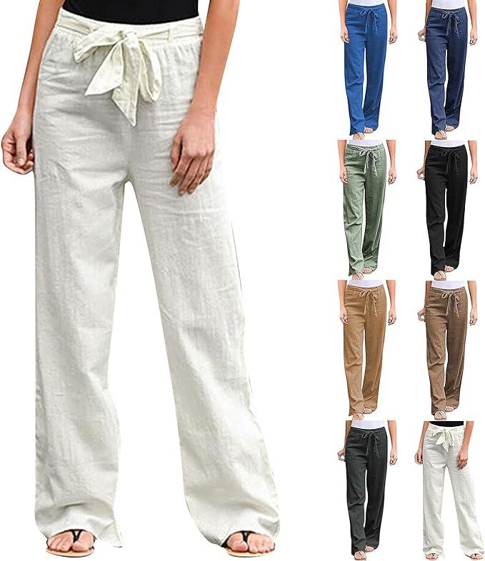 JJPAR Pantalon Longueur Lin pour Femme Été Pas Cher Chic Slim Fit Casual Mode Pantalon Streetwear Couleur Unie Pantalon D'entraînement Confortable Ample avec Poches Cadeau Femme