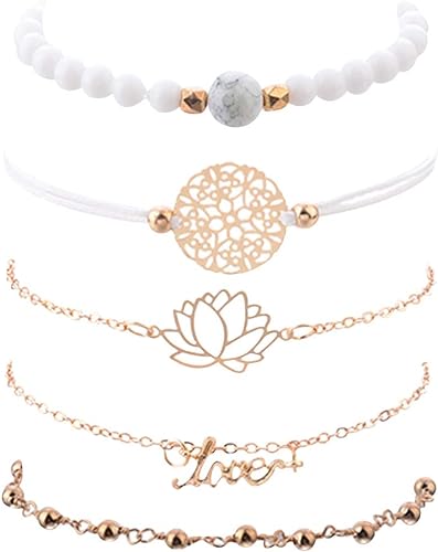 OuYou Bracelet Bijoux Creux Lotus Lettre Anglaise Pendentif Fleur Perles Femme Fille Blanches Bracelet 5pcs