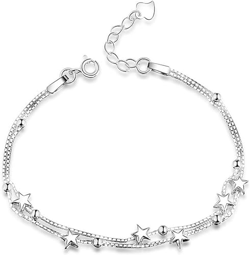 Mini étoiles élégant Perles Bracelet à breloques argent sterling 925 Boîte Chaîne Layered Bracelet pour femme Dainty Bijoux