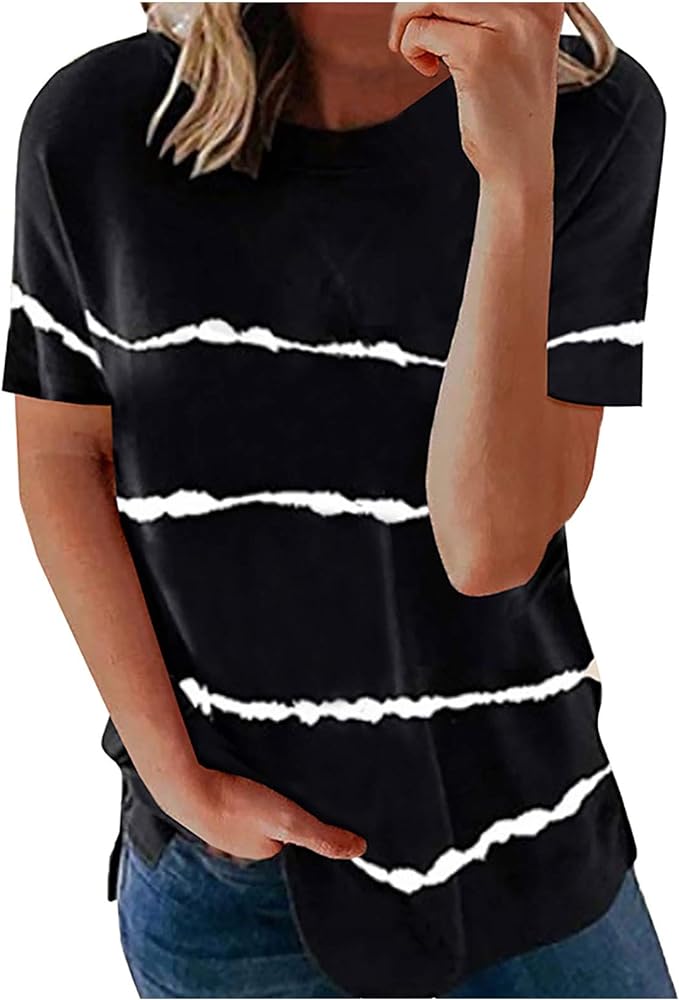 JIEXINXIN T-Shirt de la Mode des Femmes de la Mode des Femmes Ample col Rond Simple Chemise imprimée à Rayures T-Shirt à Manches Courtes Grande Taille S-5XL