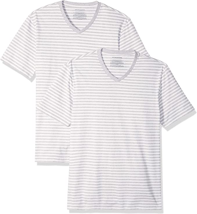 Amazon Essentials – Lot de 2 t-shirts à manches courtes et col en V à coupe ajustée pour homme Motif rayures