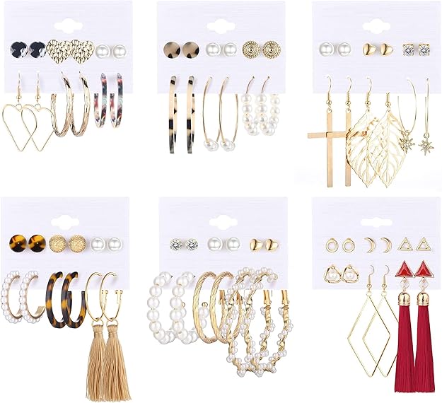 LOLIAS 36 Paires de Boucles D'oreilles à la Mode Pour Femmes Bohème Dangle Tassel Boucles d'oreilles Packs Acrylique Perle Hoop Boucles D'oreilles Mignon Petite Boule Coeur Lune CZ Boucles D'oreilles