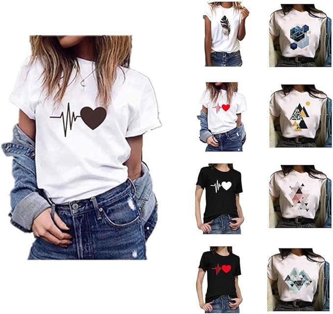MAWOLY Femmes Casual T shirts Plus La Taille L&acirc;che Manches Courtes Col Rond Blouse Tops D'&eacute;t&eacute; Filles Coeur G&eacute;om&eacute;trique Graphique Lettre Fleur Soleil Imprim&eacute; Streetwear T-shirts