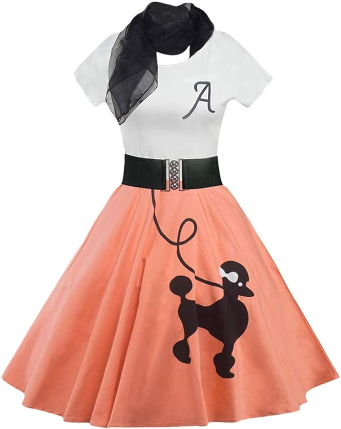 ZEZCLO Robe vintage pour femme - Motif pastel - Taille haute - Imprimé animal - Avec ceinture et écharpe transparente