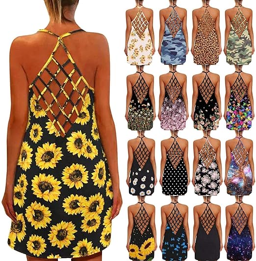 QSSA Robe Femme Sexy, 2021 Robe &eacute;t&eacute; Boheme Floral Fronde Chic Mini Robe Court Casual sans Manches Robe D&eacute;bardeur Dos Nu Simple Mode, Robe &agrave; Bretelles Fluide, Robe de Soiree Pas Cher Robe de Plage