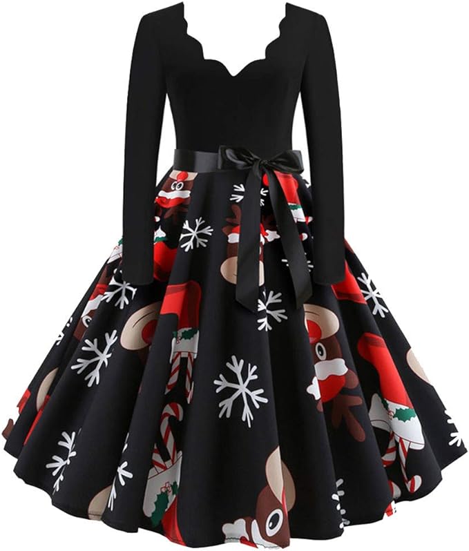 WEFR Femmes No&euml;l Robes Soir&eacute;e Automne Hiver R&eacute;tro Vintage 1950's pin-up No&euml;l Imprim&eacute; Manches Longues A - Ligne avec Ceinture, V&ecirc;tements Deguisement No&euml;l Femme Robe de Cocktail