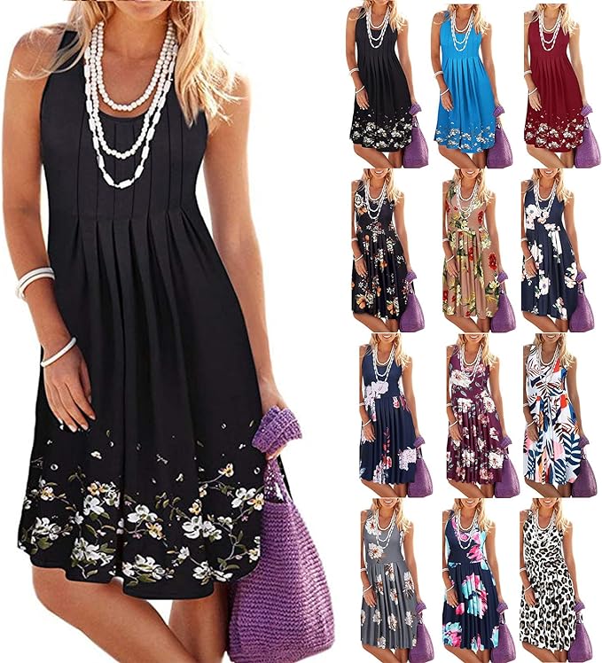 Robe Courte Femmes Sexy, 2021 Robe De Soiree Tenue De Plage Robe Ray&eacute;E Robe Retro Fluide Casual Chic Robe,&eacute;T&eacute; Femme &agrave; Bretelles Robe De Plage Col Rond Mini Robes,Courte Casual Robe Femme Chic Robe