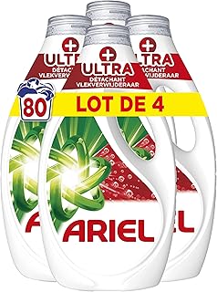 Ariel Lessive Liquide, 80 Lavages (4 x 20 Lavages), + Ultra Détachant, Élimine Les Taches Incrustées, Même Après 7 Jours, ...