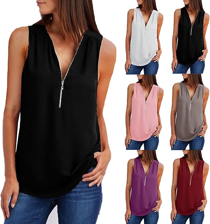 YULINGSTYLE Femme &agrave; Fermeture &agrave; Glissi&egrave;Re V-Col V-Court &agrave; Manches D&eacute;Contract&eacute;E Chemise De Couleur Massif De La Mode Solide Confort T-Shirt Gilet