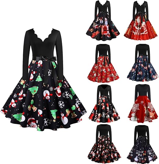 XCVBX Robe Noel Femme Automne Hiver à Manches Longues Robe Imprimé Père Noël Années 1950 Soirée Robe De Bal avec Ceinture Robe Cocktail Vintage Costume Col V Robe
