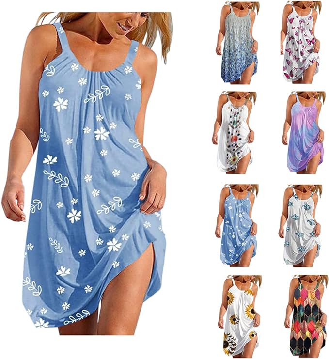 SoulSoup Robe Femme Manches Robe de Plage Femmes Chic Mode R&eacute;tro D&eacute;contract&eacute;e Col Rond Impression Casual Fronde Plage Mini Jupe Grande Taille Robe