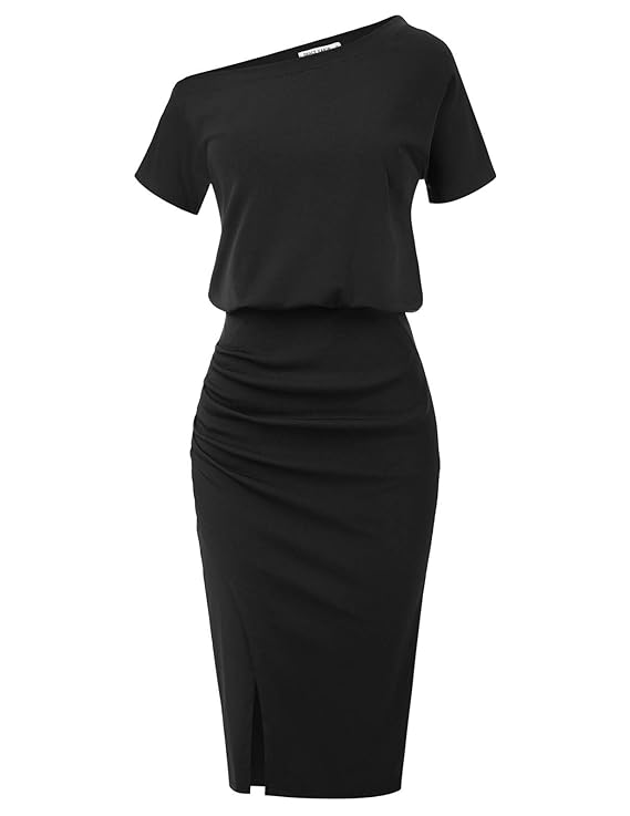 GRACE KARIN Robe de Soiree Chic Manches Courtes Epaule Denudee Robe Crayon Vintage Pin up Fendue Plissee Elegante Noir S CLS71-1