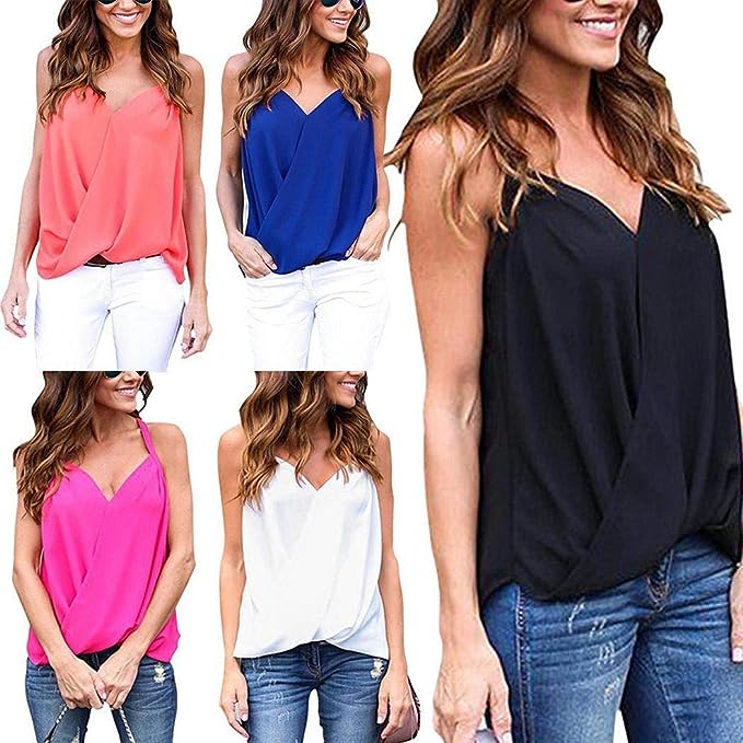 Pongaps Camisole d&eacute;contract&eacute;e pour Femmes d&eacute;bardeurs Hauts col en V Gilet Solide D&eacute;bardeurs