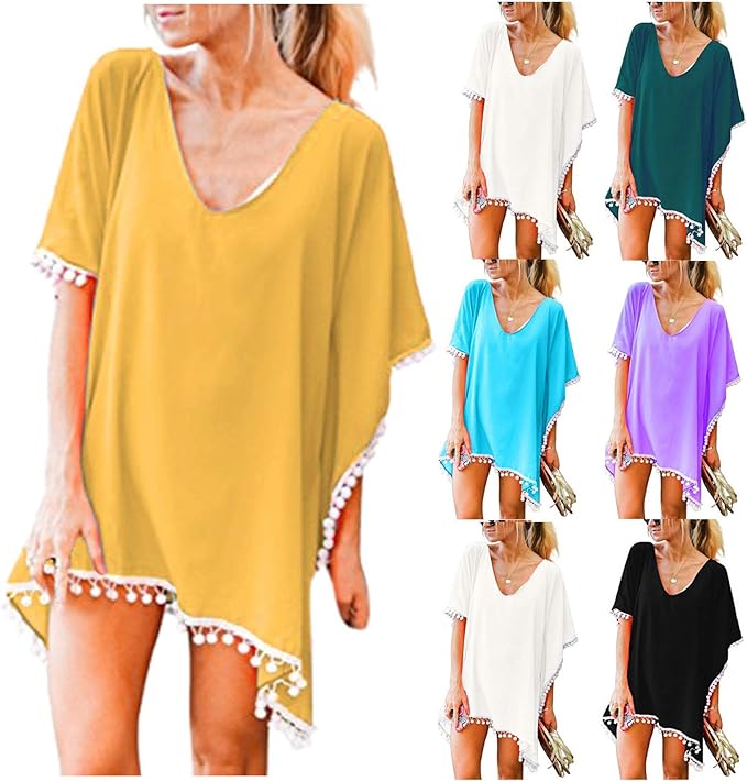 Yue668 Femmes Garniture Caftan en Mousseline De Soie Glands Maillots De Bain Plage L&acirc;che Bikini Couvrir Hauts, Dames Mousseline De Soie Frange Couverture Chemise, Imprim&eacute; Manches Courtes L&acirc;ches