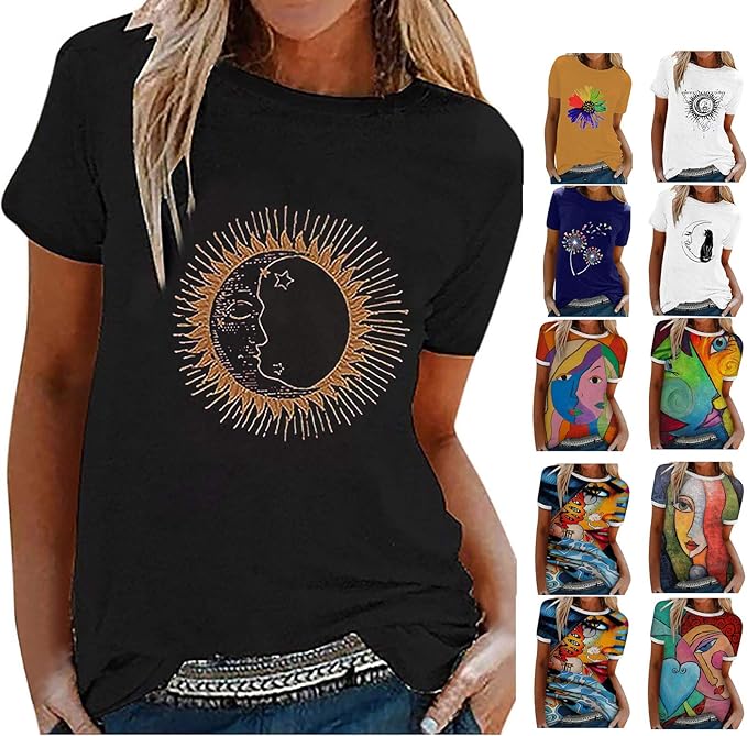 Auifor 2021 Mode Tee Shirt Femme Manche Courte Col Rond, T Shirt Personnalis&eacute; Pas Cher Chemise Ample Blouse Col Rond Tunique Femme T Shirt imprim&eacute; Femme Tee Top Femme Chemisier Chemise Oversize Femme