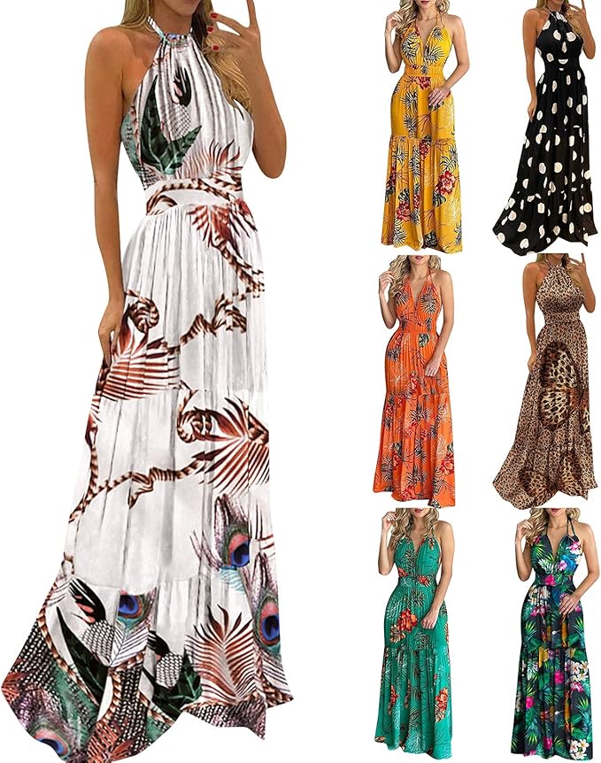 JJPAR Robe Boheme Femme &eacute;T&eacute; Pas Cher Mode D&eacute;Contract&eacute;E L&acirc;Che Sexy Col en V Couleur Unie Licou Floral &agrave; Volants Hanche sans Manches Midi Robe De Plage Cadeau Femme