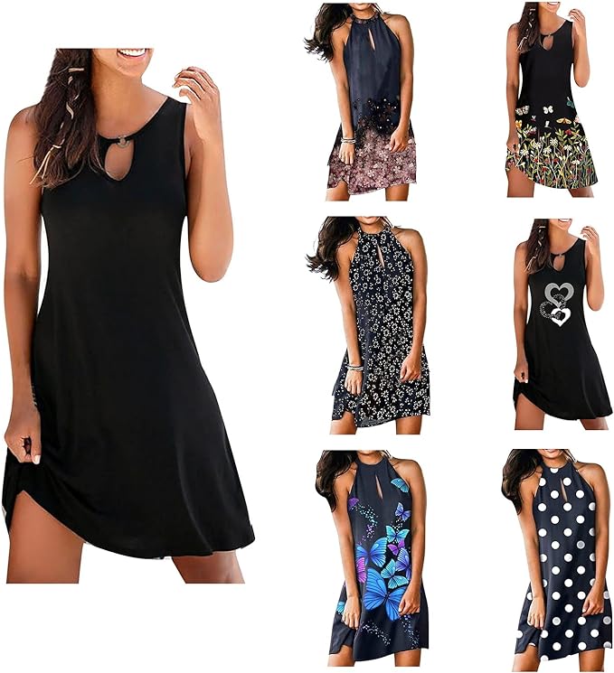 Holywim Robe Ete Femme D'&eacute;t&eacute; D&eacute;contract&eacute;e &Eacute;vider Sans manches Ample R&eacute;servoir Robes mi-longues Grande Taille Imprim&eacute; Vintage Cou Suspendu Mini Robes