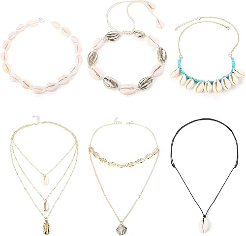 CASSIECA 6 Pcs Coquille Colliers Multicouche Ajustable pour Femmes Filles Clavicule Collier À La Main Hawaï Colliers Bohème Collier D'été Ras du Cou Plage Bijoux Ensemble