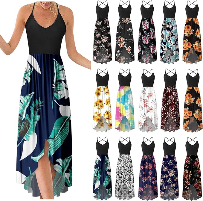 DeaAmyGline Robe Femme Longue,Robe Fronde Grande Taille sans Manche Robes De Soir&eacute;E Cocktail Plage Robe Tunique Slim Fit Robe &agrave; Bretelle Sexy Irr&eacute;Gulier Dress D&eacute;Contract&eacute;E Chic Vacances Casual Robe