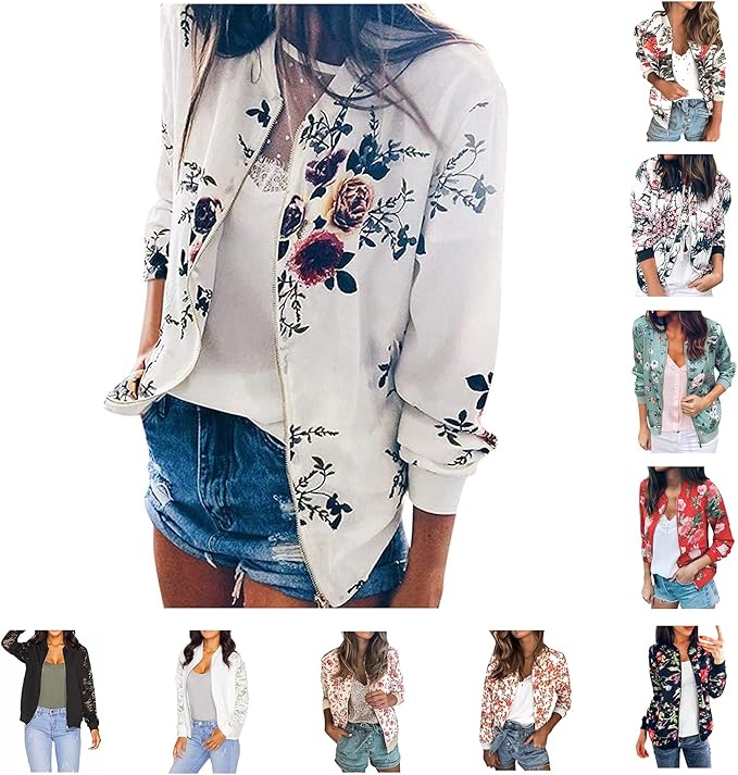 XBACKIYX Manteau Femme Jacket Chic Veste Blouson Court Floral Zipper Up Court Vintage Manches Longues Manteau Outwear