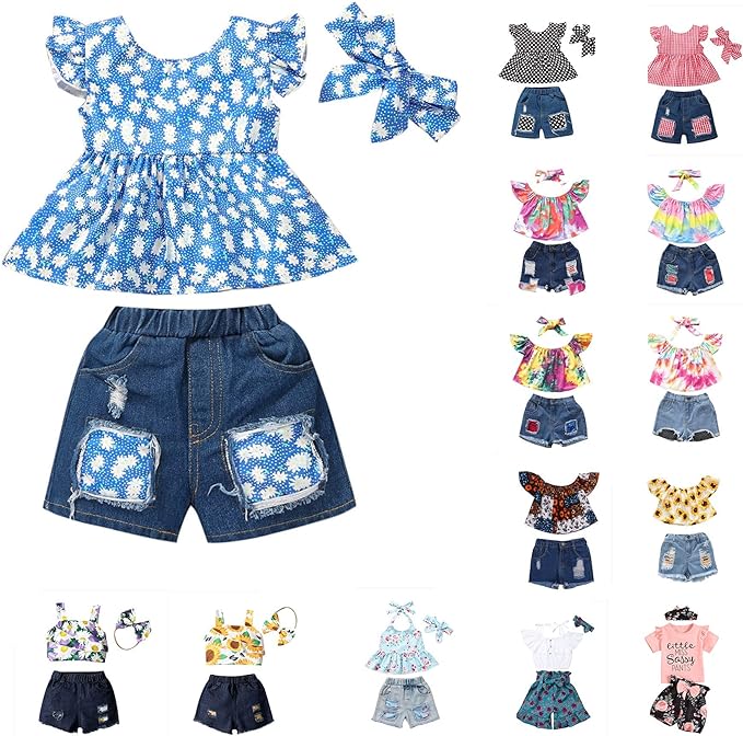 BUDAOWENG Ensemble Bebe Fille Ete Ensemble De V&ecirc;tements Mignon T-shirt Sans Manches Imprim&eacute; Marguerite Bebe Fille Hauts &agrave; Manches Volant&eacute;es+short En Jean D&eacute;chir&eacute;+bandeau Papillon Noeud Bebe Fille