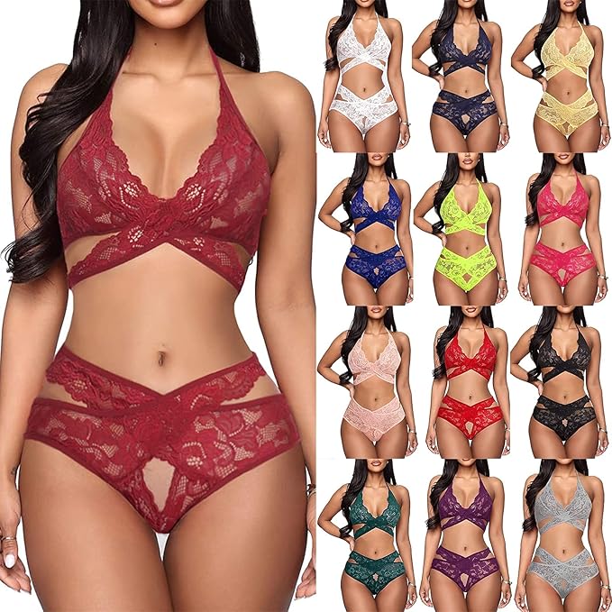 Holywim Ensemble Lingerie Femme Dentelle Brassi&egrave;re Jarreti&egrave;re Sexy Porte Jarretelles Soutiens-Gorge et G-String