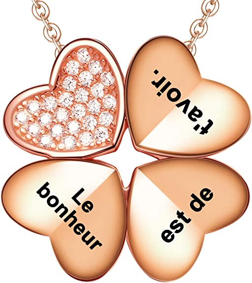 LOVORDS Collier Femme Gravé en Argent 925/1000 Pendentif Trèfle à 4 Feuilles Porte Bonheur Cadeau Amoureux Romantique pour Elle