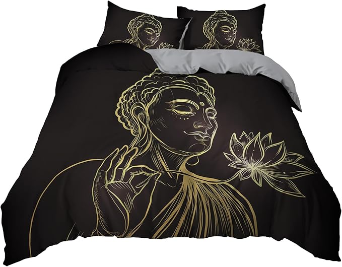 LXTOPN Parure de lit 3 pièces en microfibre douce avec housse de couette et 2 taies d'oreiller 50 × 75 cm Motif Bouddha noir (Bouddha noir A1, 220 × 240 cm)