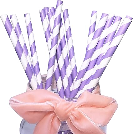 Pailles en papier à rayures violettes, lilas et lavande - 197 mm - Pour décoration de table de fête
