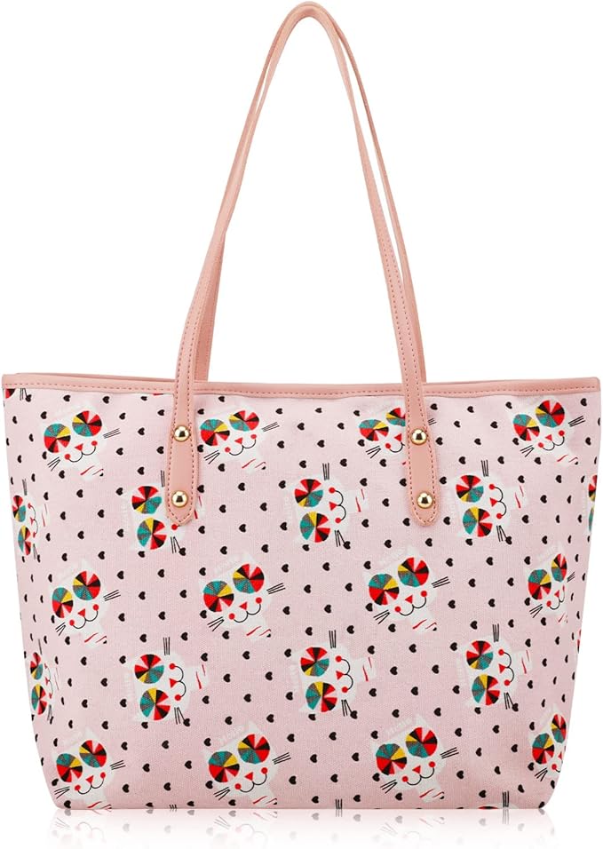 Brynnl Sac à bandoulière en toile imprimée, grand sac fourre-tout en toile avec fermeture à glissière pour femme avec sac fourre-tout à motif de chat pour la mère pour les déplacements quotidiens