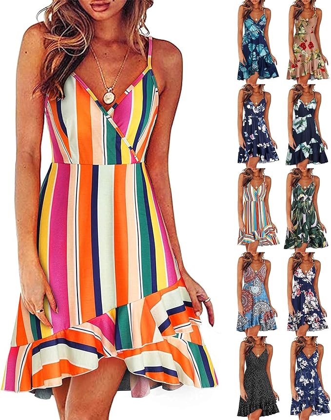 Robe Femme &eacute;t&eacute;,Robe &agrave; Bretelles Femme Jupe Courte Casual Robe de Plage Col V Chic Robe Printemps Ete Casual