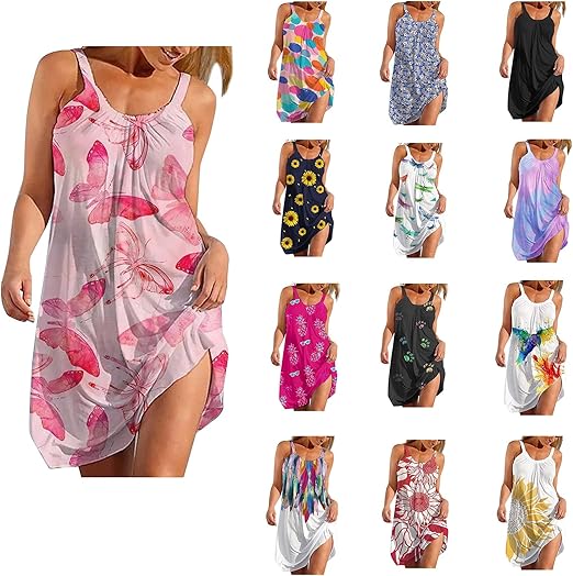 Robe Femme Et&eacute; Sans Manches Robe de Plage Femmes Chic Mode R&eacute;tro D&eacute;contract&eacute;e Col Rond Impression Casual Fronde Plage Mini Jupe Grande Taille Robe