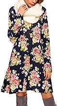 Meaneor Femme Imprimée Floral Manches Longues Col-v Casual Lâche Robe Automne