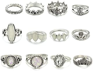 Hoveey Lot de 12 Anneaux Vintage Tendance en Plumes et Perles Style bohème rétro pour Femme et Fille Argenté