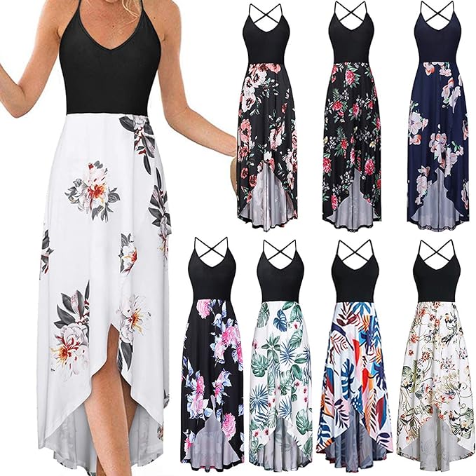Robe Femme Longue Ete Grande Taille Sans Manche Robe Casual &agrave; Bretelle Col V Sexy Robe Bas Asym&eacute;trique Irr&eacute;gulier Dress D&eacute;contract&eacute;e Chic Vacances Robes De Soir&eacute;e Cocktail Plage Robe Tunique Slim Fit
