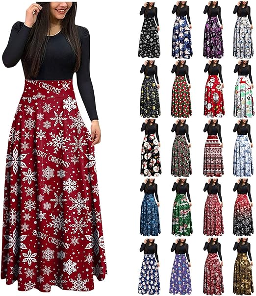 Robe de Noël à Manches Longues pour Femmes, O-Neck Santa Snowman Imprimer Taille Haute Boho Maxi Robe de Soirée Décontractée Robe de soirée Swing Robes de Cocktail Noël Vintage années 1950 Robes