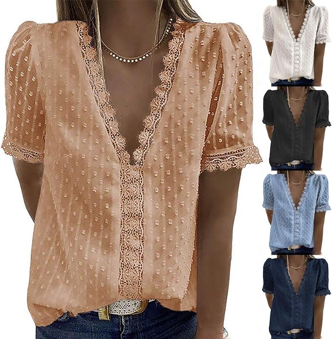 GLZBD 2021 Nouveau Mode Tee Shirt Femme, Casual T Shirt Personnalis&eacute; Pas Cher Chemise Manche Courte Oversize Col en V Blouse Sexy Tunique Haut Femme Chic Tendance Top Caraco Debardeur Dentelle